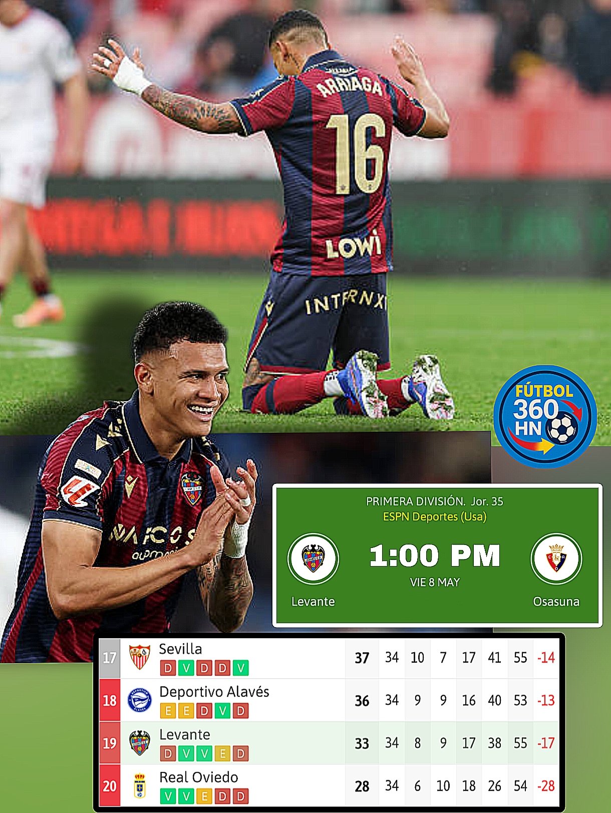 Levante de Kervin Arriaga busca salir del fondo ante Osasuna ⚽🇪🇸 1000008628